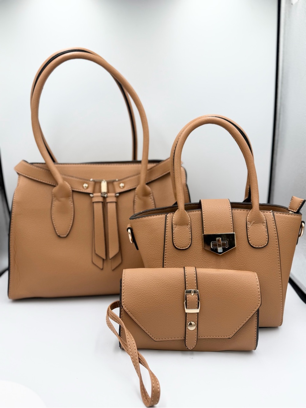 Tan Women's 3-Piece Handbag Set - Classic Tote, Satchel & Wristlet Wallet